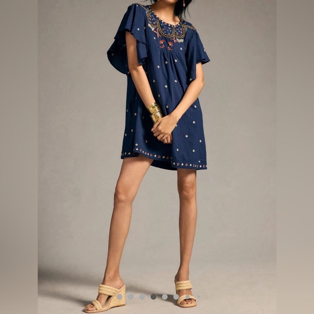 Anthropologie Crewneck Embroidered Floral Beaded Tunic Dress in Navy Blue*